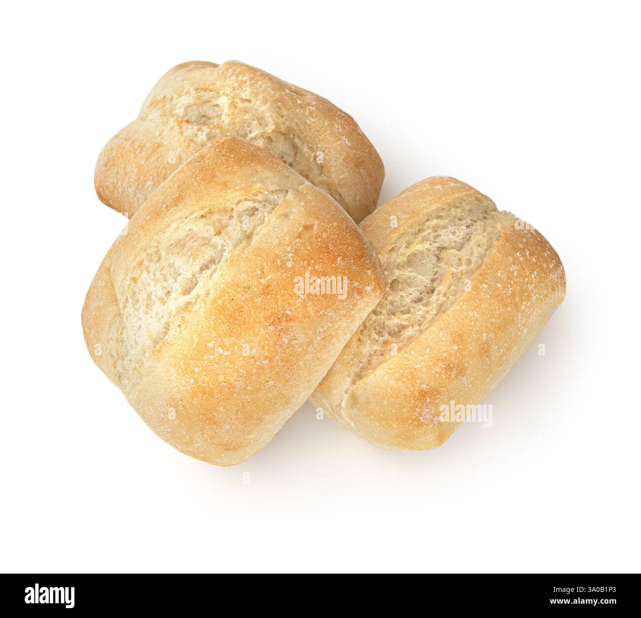Primo piano di tre panini croccanti dorati, che creano un'immagine allettante di prodotti appena sfornati Foto Stock
