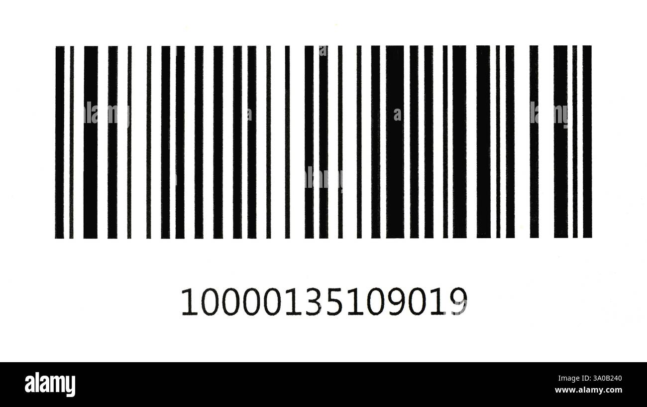 Codice a barre in bianco e nero con il codice prodotto sottostante che rappresenta la vendita al dettaglio, il commercio e il monitoraggio Foto Stock
