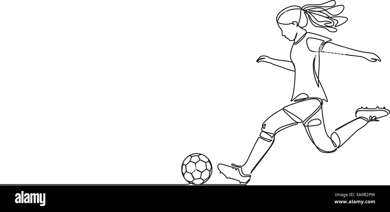 disegno continuo a linea singola di ragazza che gioca a calcio, illustrazione vettoriale di line art Illustrazione Vettoriale