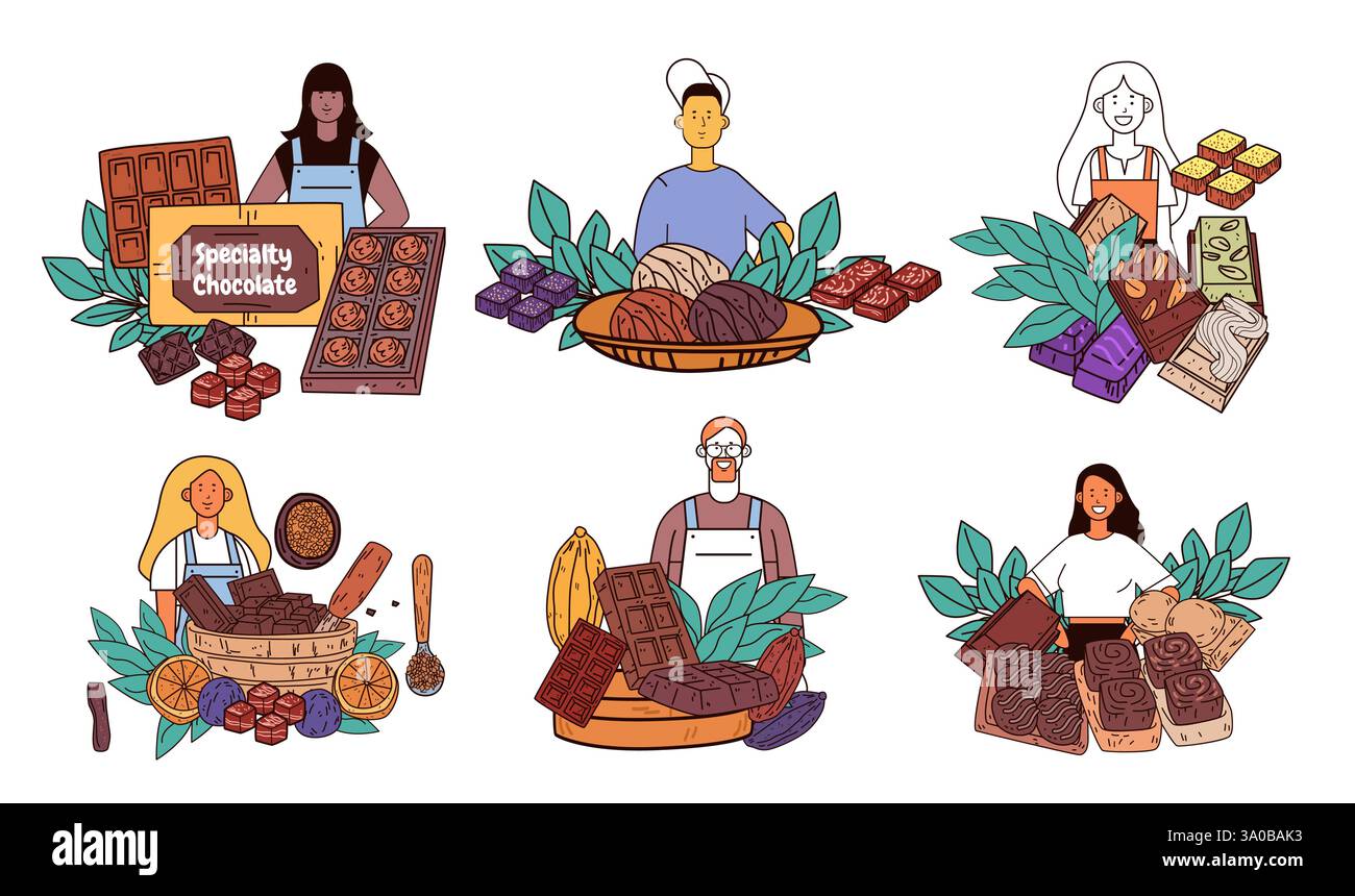Varietà di cioccolato speciale persone che tengono dessert di cacao lasciano una collezione di dolci dal design colorato Illustrazione Vettoriale