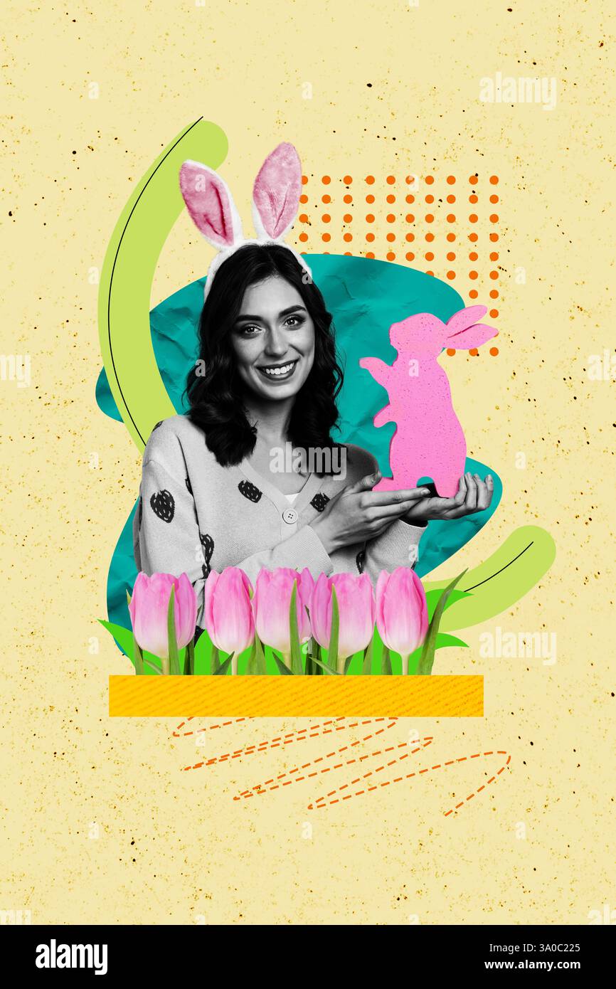 Immagine collage creativo verticale donna allegra tenere in mano coniglio caccia al coniglio celebrazione di pasqua tulipani giardino disegno sfondo Foto Stock