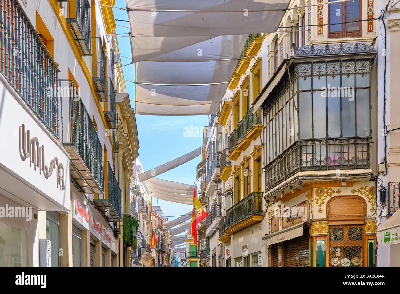 Calle Sierpes, l'iconica strada pedonale e commerciale di Siviglia. Andalusia, Spagna Foto Stock
