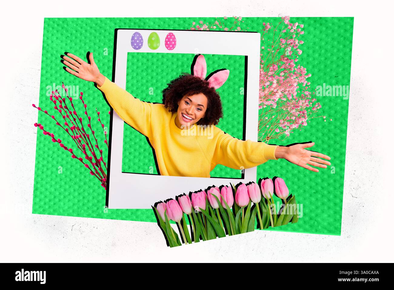 Foto collage creativo donna allegra cornice per ritratti fiorenti fiori fiori festeggiamenti pasquali orecchie da coniglio Foto Stock