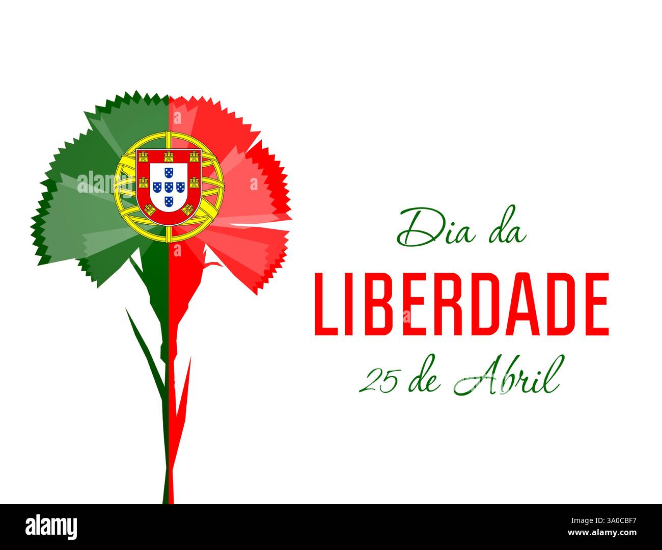 Buon giorno della Liberazione aprile 25 biglietto di auguri portoghese. Cartolina creativa del giorno della rivoluzione del garofano del Portogallo con fiore, interno e isolato Illustrazione Vettoriale