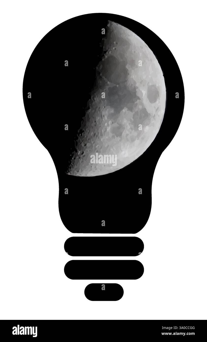 Concetto di creatività rappresentato da una lampadina con una luna all'interno, che mette in risalto la fusione di idee e natura di notte Illustrazione Vettoriale