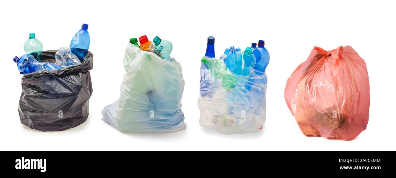 Sacchetti con contenitore e sacchetti per riciclaggio isolati su bianco Foto Stock