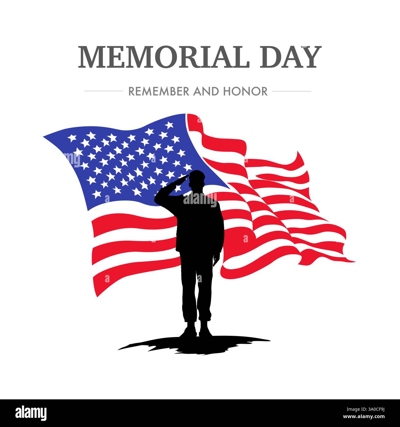 Memorial Day, un'illustrazione EPS di un soldato americano in piedi all'attenzione con la bandiera americana Foto Stock