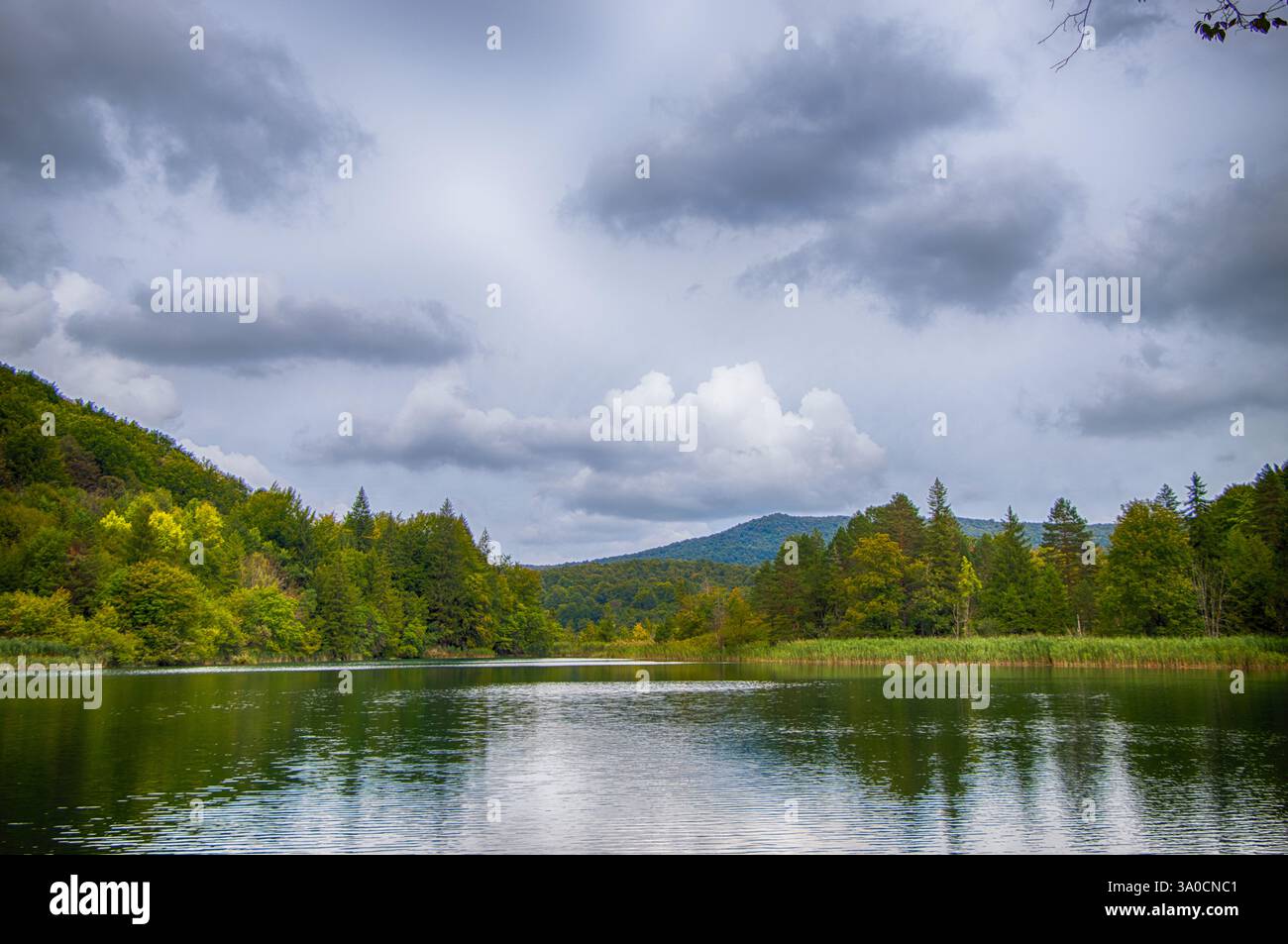 Gradinsko jezero Lago che si riflette nel Parco Nazionale dei Laghi di Plitvice della Croazia nella regione di Lika. Sito patrimonio dell'umanità dell'UNESCO. Foto Stock