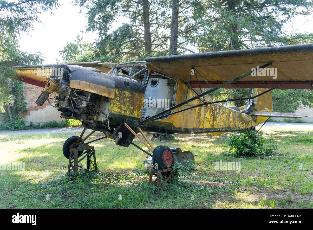 Un vecchio aereo giallo ha abbandonato il relitto in natura Foto Stock