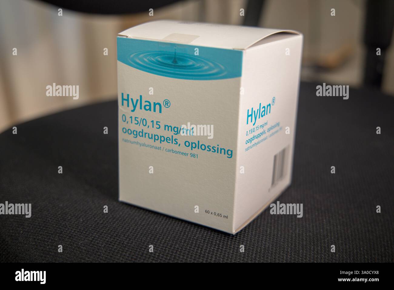 Foto di confezione di gocce oculari Hylan, fluido lacrimogeno artificiale, prodotto da Pharma Stulln GmbH; trattamento occhi secchi Foto Stock