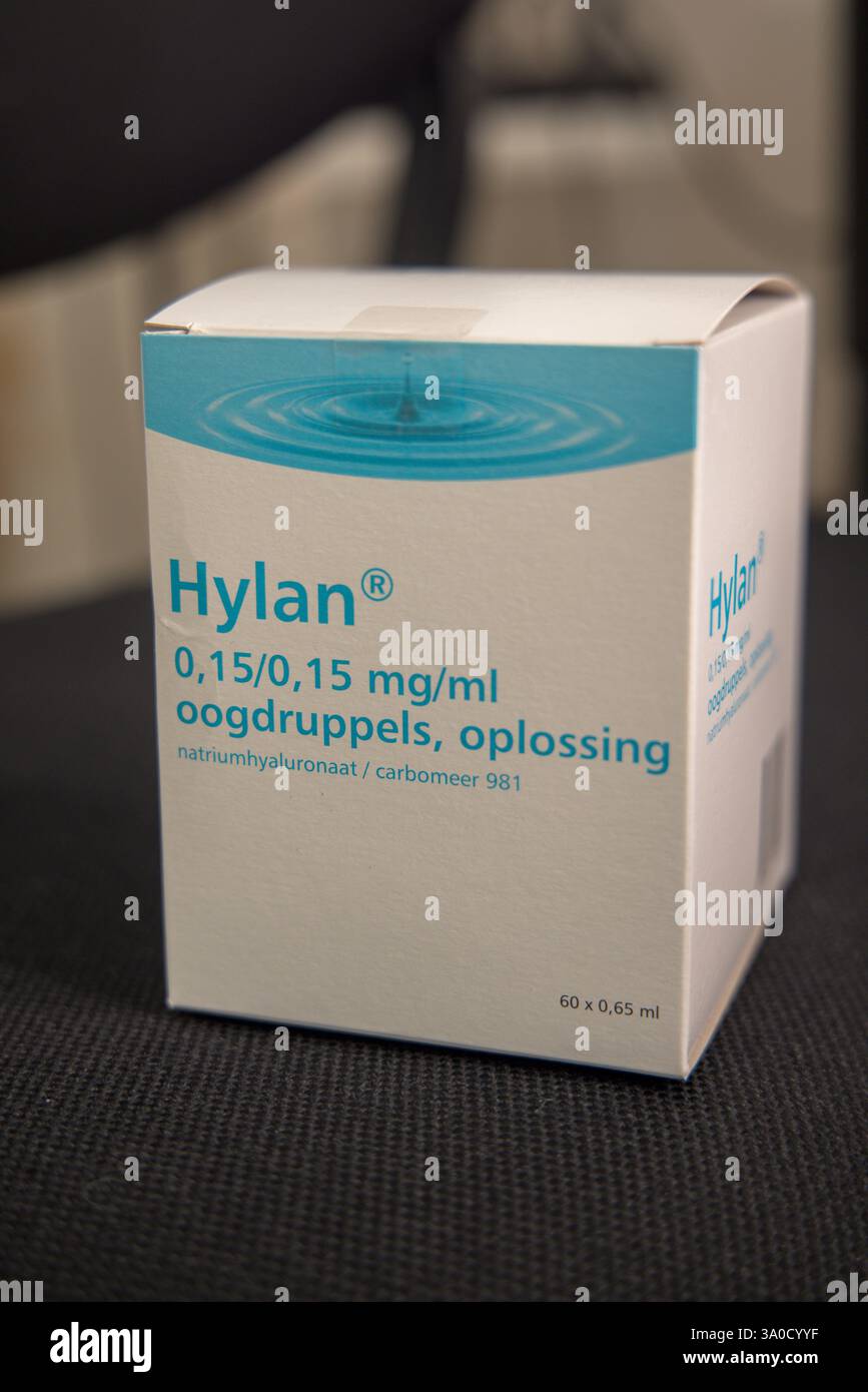 Foto di confezione di gocce oculari Hylan, fluido lacrimogeno artificiale, prodotto da Pharma Stulln GmbH; trattamento occhi secchi Foto Stock