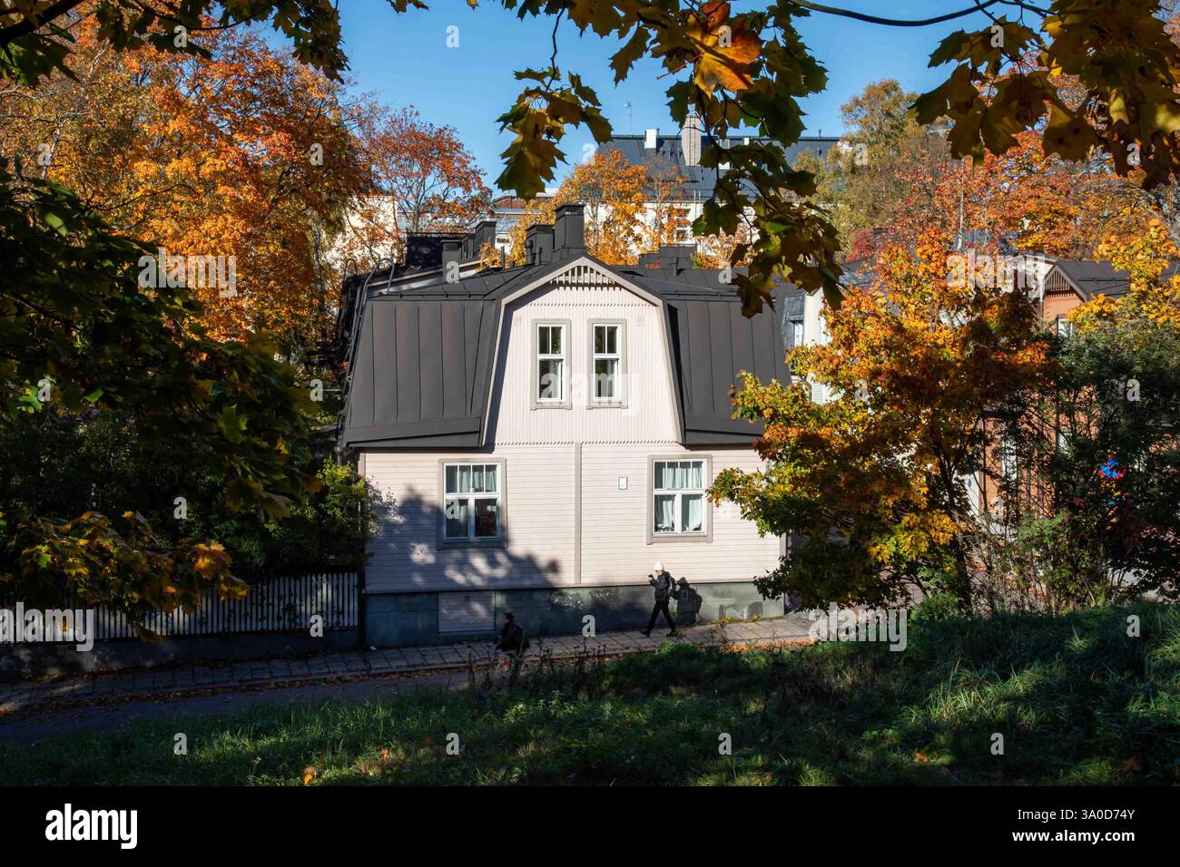 Edificio residenziale in legno al Virtaintie 2 nel quartiere Puu-Vallila di Helsinki, Finlandia Foto Stock