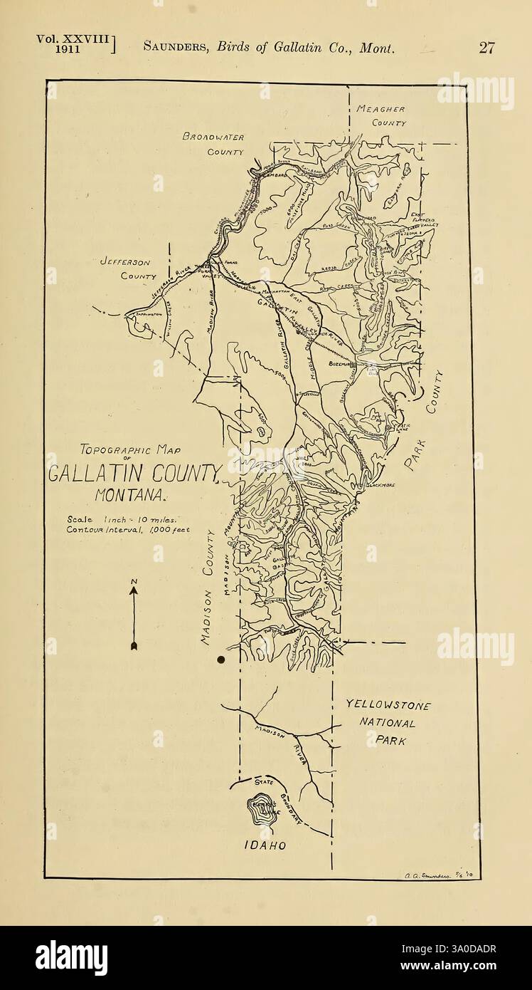 Il, Auk, Washington, D. C, American, Ornithologists', Union, 1884, uccelli, periodici, Una mappa topografica della contea di Gallatin, Montana, che mostra il terreno montuoso della regione e varie caratteristiche geografiche. La mappa delinea punti di riferimento significativi tra cui il fiume Gallatin, diversi laghi e aree boschive, indicando anche i confini per i vicini parchi nazionali. Le città chiave e le divisioni geografiche sono etichettate, fornendo una chiara rappresentazione del layout e della topografia dell'area, che include elevazioni e linee di contorno che illustrano i cambiamenti di elevazione del terreno. La mappa funge da Foto Stock