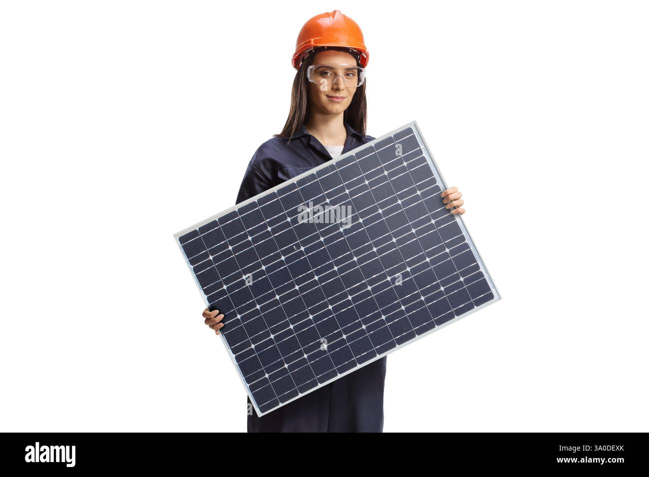 Lavoratrice di fabbrica che detiene un pannello solare fotovoltaico isolato su sfondo bianco Foto Stock