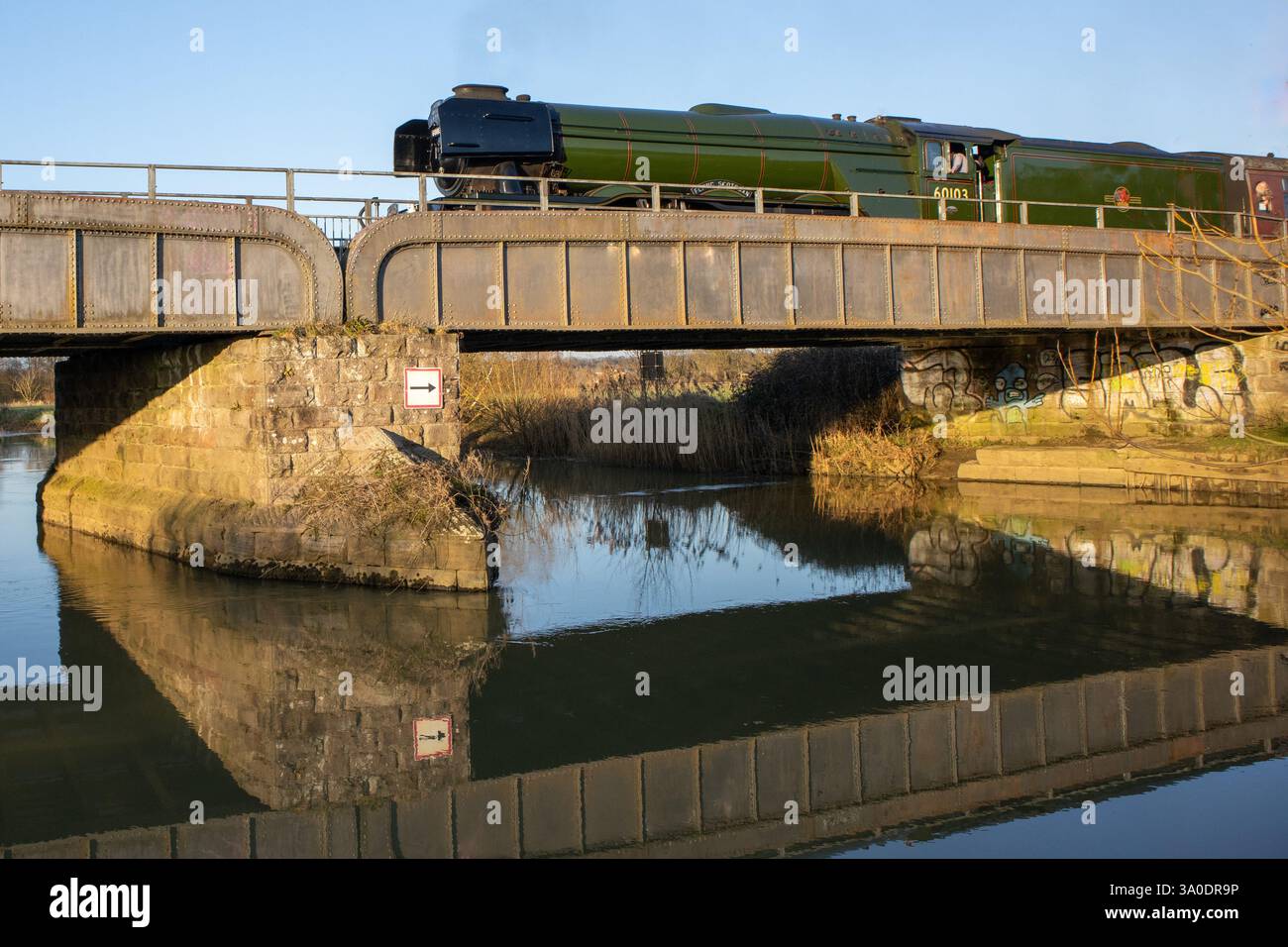 Flying Scotsman, Gresley A3 Pacific treno a vapore, che attraversa il fiume Nene, Nene Valley Railway, Peterborough, Cambridgeshire, Regno Unito Foto Stock