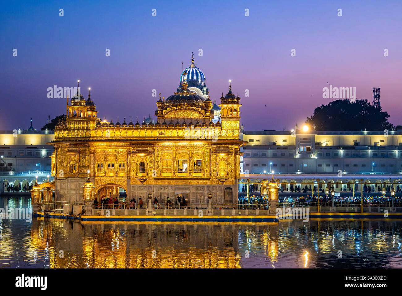 Il Tempio d'Oro, o Harmandir Sāhib, mostra tutta la sua gloria con il cielo colorato al tramonto. Amritsar, Punjab, India. Foto Stock Il Tempio d'Oro, o Harmandir Sāhib, mostra tutta la sua gloria con il cielo colorato al tramonto. Amritsar, Punjab, India. Foto Stock