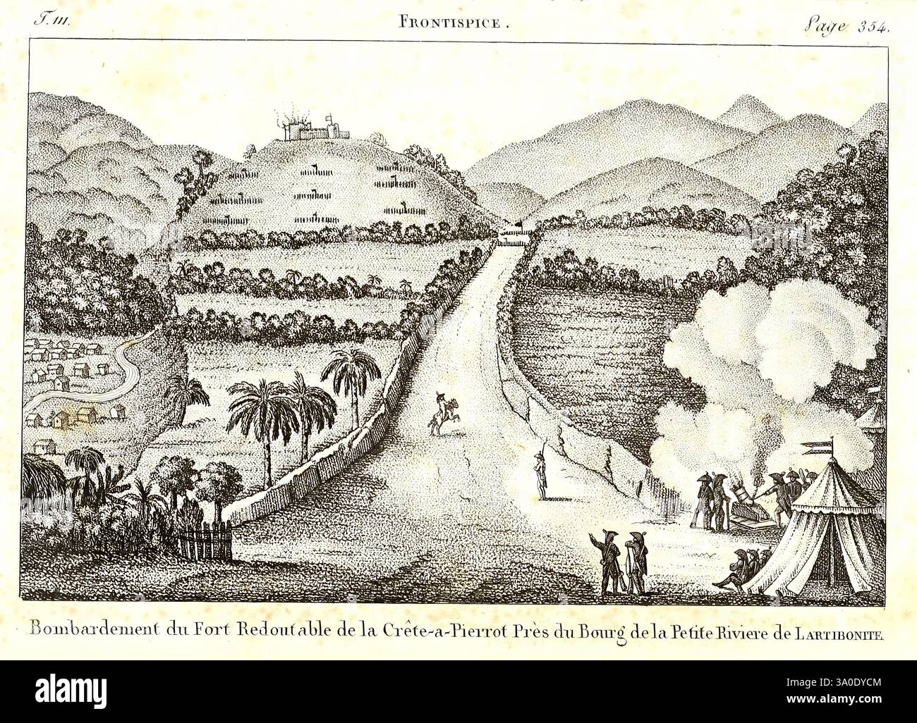 Voyages d'un naturaliste, et ses Observations faites sur les trois règnes de la nature, dans plusieurs ports de mer franais, en Espagne, au Continent de l'Amérique Septentrionale, à Saint Yago de Cuba, et à St.-Domingue, où l'auteur devenu le Prisonnier Paris, Dufart, père, 1809. La scena raffigura un paesaggio lussureggiante e montuoso con terrazzato. Un ponte arrocca graziosamente su una valle, collegando due aree sopraelevate. In primo piano, un raduno di persone è impegnato in varie attività, possibilmente festeggiando o commerciando, dato che nelle vicinanze sono allestite delle tende. Palme e altri fiori di vegetazione Foto Stock