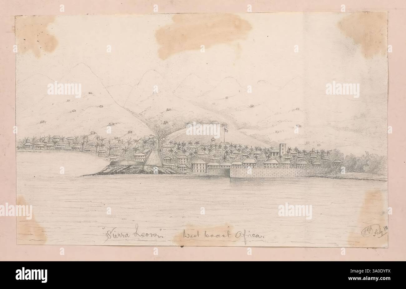 Caccia e altri schizzi in Africa centrale il Congo Kwilu e il distretto della costa sud-occidentale 1884-1888 Africa Nzaubula centrale opere pittoriche libri di schizzi viaggiano, Un disegno dettagliato cattura un tranquillo paesaggio costiero, mettendo in risalto una pittoresca città adagiata su dolci colline. Le strutture lungo il lungomare suggeriscono un mix di edifici residenziali e commerciali, i loro contorni sono stati delicatamente definiti. Sullo sfondo, le colline caratteristiche creano un'inquadratura naturale per la scena, caratterizzata da sottili ondulazioni che trasmettono un senso di profondità. Le acque calme riflettono il paesaggio circostante, contribuendo a migliorare il Foto Stock