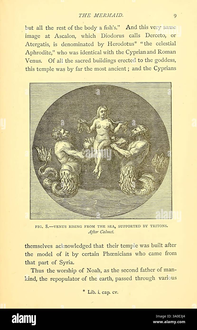 Sea Fables explained, Londra, W. Clowes and Sons, Ltd, 1883, Ocean, Halloween, folklore, sirena, mostri sono reali, il testo descrive una scena che coinvolge una figura sirena, elaborata in modo complesso, che si innalza dal mare. È affiancata da Tritoni, che simboleggiano la mitologia acquatica, mentre raggiunge il cielo. L'immagine fa riferimento ai resoconti storici di Erodoto riguardanti un tempio dedicato a Venere, collegandolo alle origini e alle pratiche di culto precedenti dei Fenici. Sottolinea la connessione tra le figure divine e la loro riverenza nelle culture antiche, sottolineando in particolare il const Foto Stock