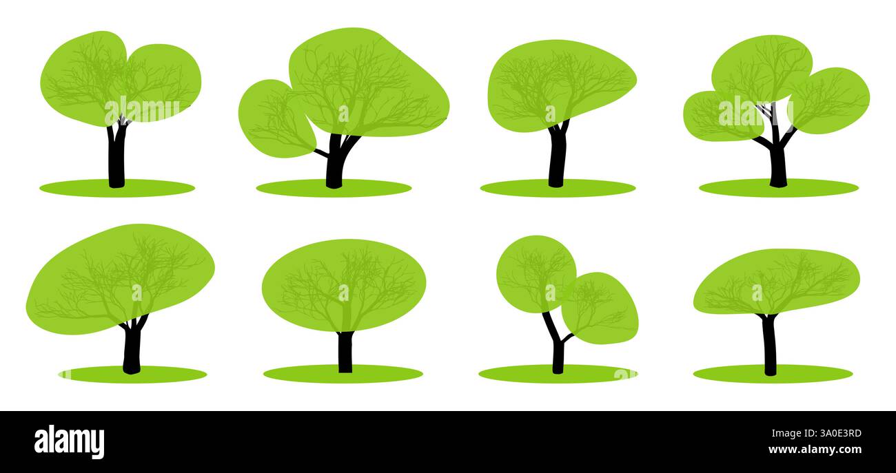 alberi di varie forme caratterizzati da un verde brillante Illustrazione Vettoriale