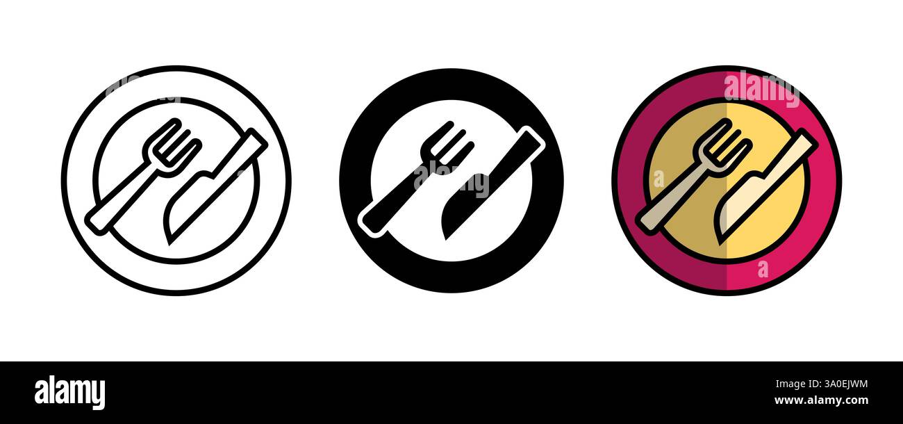 Icone della forcella e della lama in bianco e nero con variazione di colore Illustrazione Vettoriale
