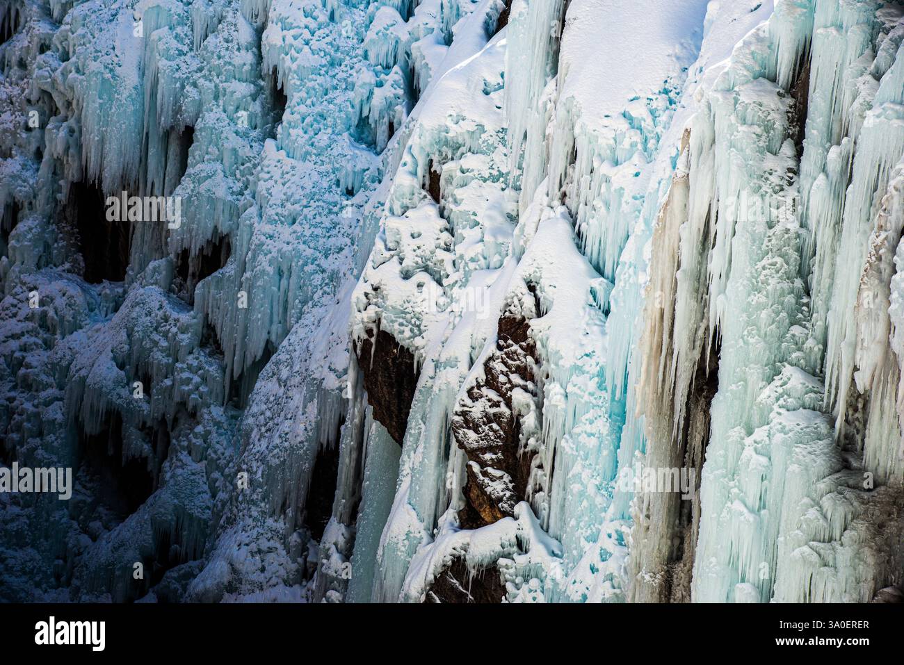 Una vista ravvicinata delle formazioni di ghiaccio del parco di ghiaccio Ouray a Ouray, Colorado. STATI UNITI Foto Stock