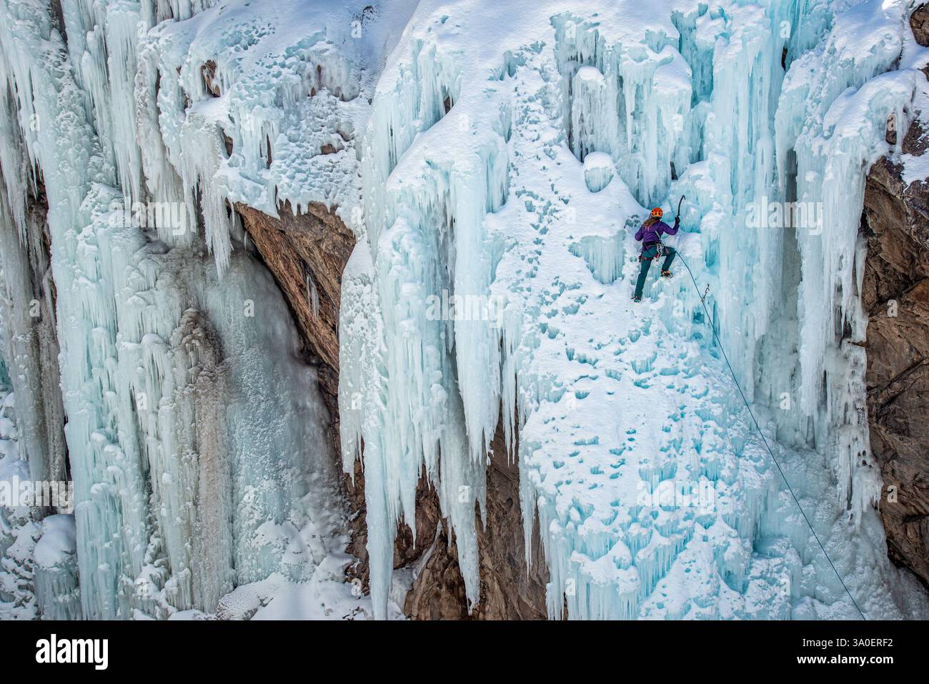 Una donna adulta che fa arrampicata su ghiaccio nell'Ouray Ice Park, nelle San Juan Mountains, Colorado. Foto Stock