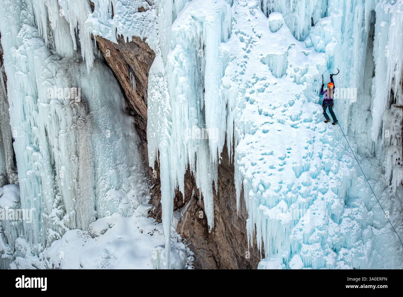 Una donna adulta che fa arrampicata su ghiaccio nell'Ouray Ice Park, nelle San Juan Mountains, Colorado. Foto Stock