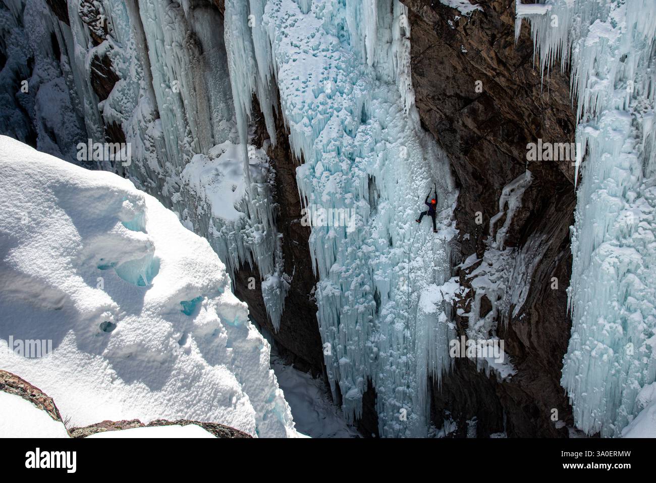 Una donna adulta che fa arrampicata su ghiaccio nell'Ouray Ice Park, nelle San Juan Mountains, Colorado. Foto Stock
