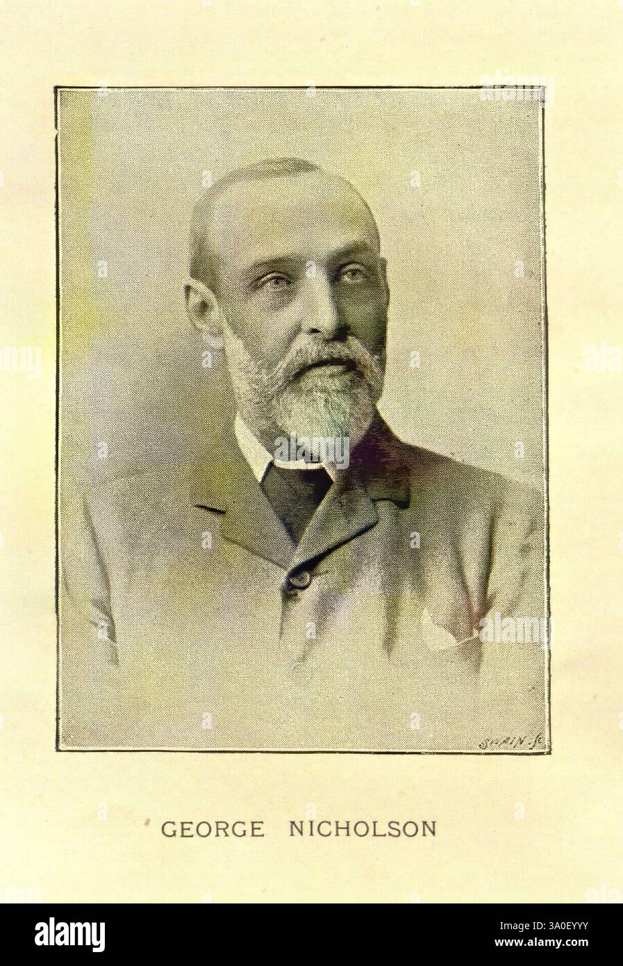 Journal of Botany, British and Foreign. Londra, Robert Hardwicke, 1863-1942. Botanica, Gran Bretagna, periodici, piante, Un ritratto di un illustre gentiluomo di nome George Nicholson, che lo mostra con un'espressione premurosa. È vestito con una tuta formale con un gilet, completato da una barba e baffi dallo stile impeccabile. I suoi capelli sono ben pettinati e guarda direttamente lo spettatore, trasudando un'aura di professionalità e fiducia. Lo sfondo è chiaro, sottolineando le sue caratteristiche e il suo abbigliamento. Sotto il ritratto, il suo nome è ben visibile in un carattere classico, aggiungendo alla forma Foto Stock