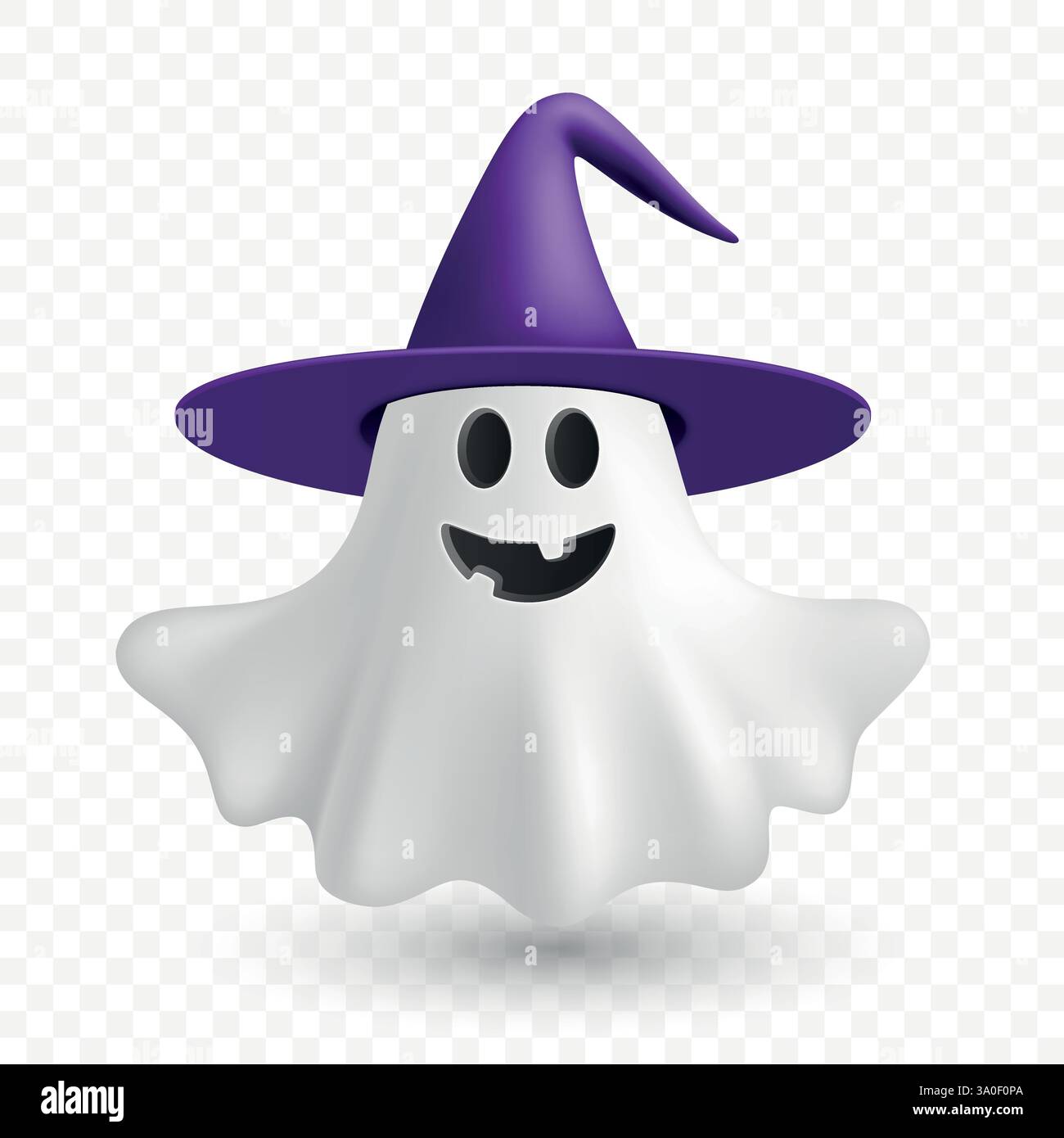 Vector 3d realistico Happy Ghost in Witch Hat. Spaventoso fantasma di Halloween, adorabile Spirito galleggiante. Divertente Cartoon Ghost, isolato. Carattere spaventoso Illustrazione Vettoriale