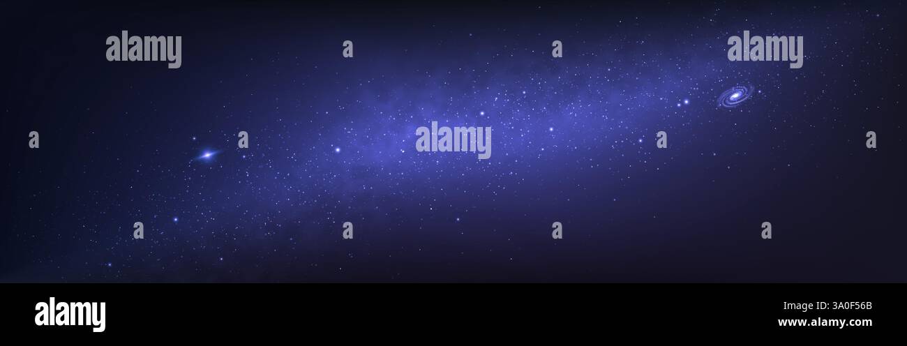 Galassia della via Lattea. Ampio spazio luminoso con stelle luminose. Galassia magica a spirale. Universe with stardust per banner o sito Web. Carta da parati Starry Cosmos. Ve Illustrazione Vettoriale