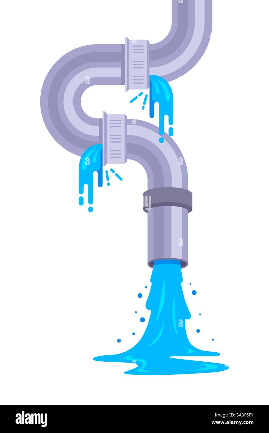 l'acqua fuoriesce da un tubo metallico. flusso di rifiuti da un tubo Illustrazione Vettoriale