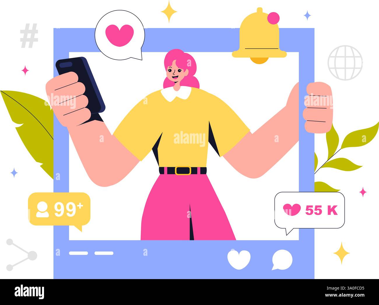 Illustrazione vettoriale per la creazione di contenuti che include: Copywriting per il marketing digitale, coinvolgimento dei social media, personalizzazione dei contenuti e interazione con la comunità Illustrazione Vettoriale