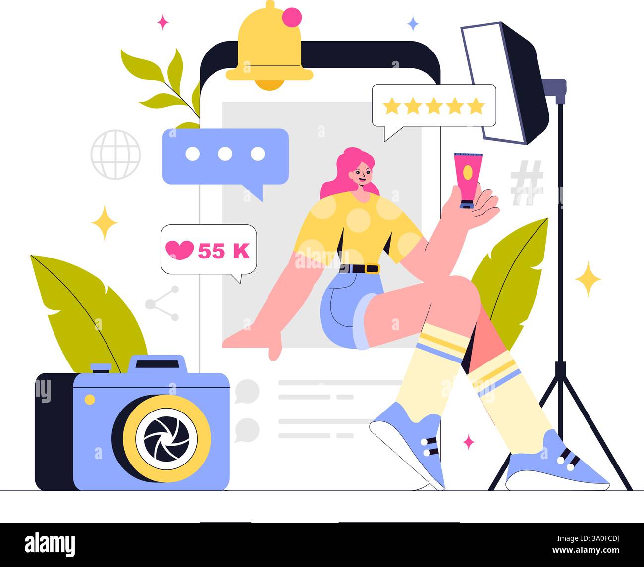 Illustrazione vettoriale per la creazione di contenuti che include: Copywriting per il marketing digitale, coinvolgimento dei social media, personalizzazione dei contenuti e interazione con la comunità Illustrazione Vettoriale