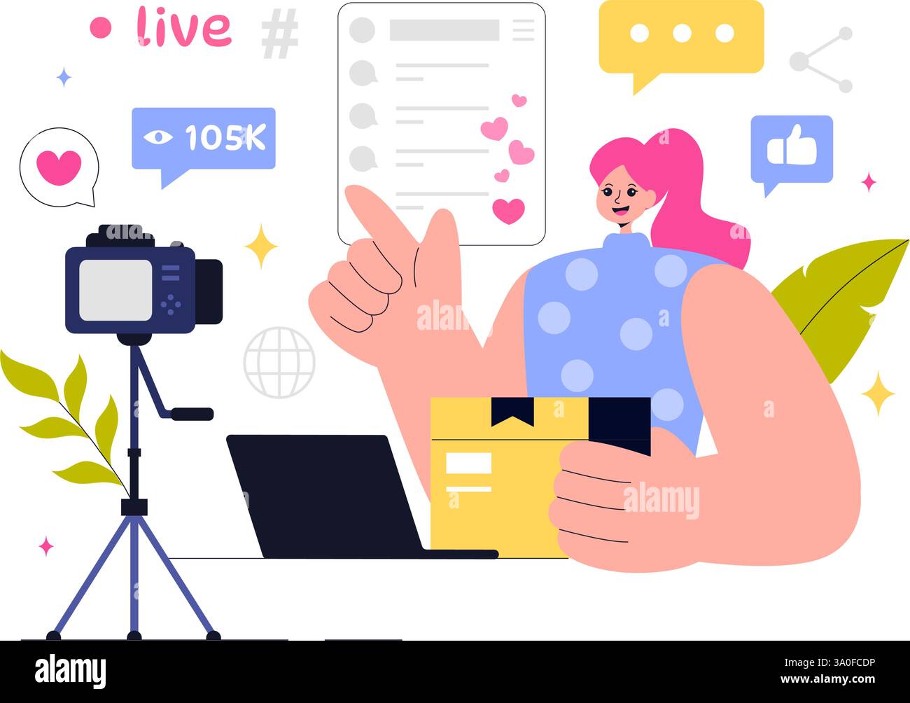 Illustrazione vettoriale per la creazione di contenuti che include: Copywriting per il marketing digitale, coinvolgimento dei social media, personalizzazione dei contenuti e interazione con la comunità Illustrazione Vettoriale