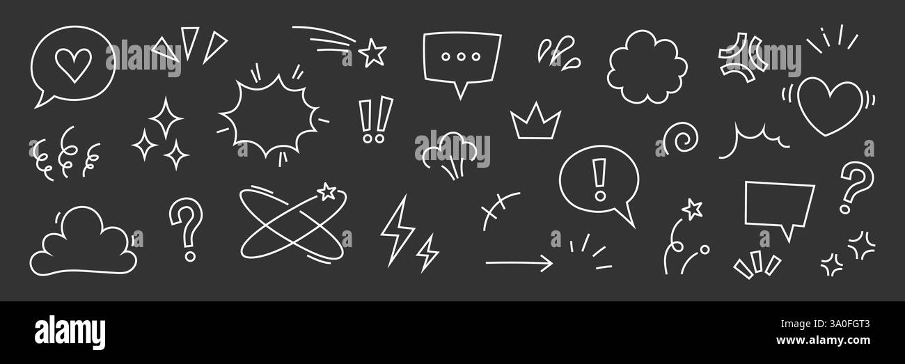 Set di icone di elementi cartoni animati fumettistici. Fumetto simpatico, enfasi, scintilla stellare, icona vettoriale cartoni animati con movimento lineare. Delineare il movimento della velocità di doodle, una scintilla divertente. Illustrazione vettoriale Illustrazione Vettoriale