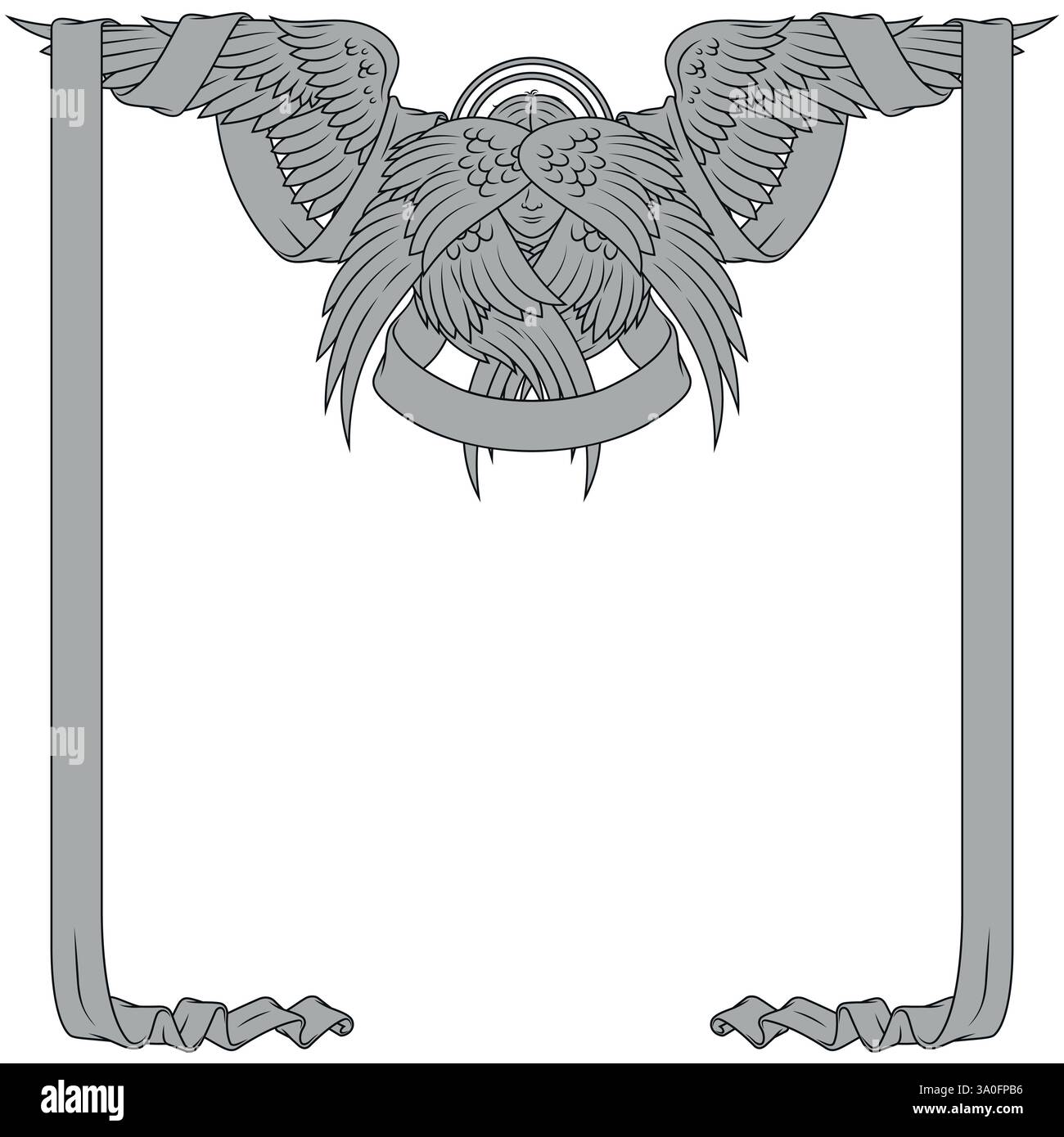 Angelo con sei ali e nastro, volto angelico della religione cattolica, arcangelo e circondato da pergamene celesti Illustrazione Vettoriale