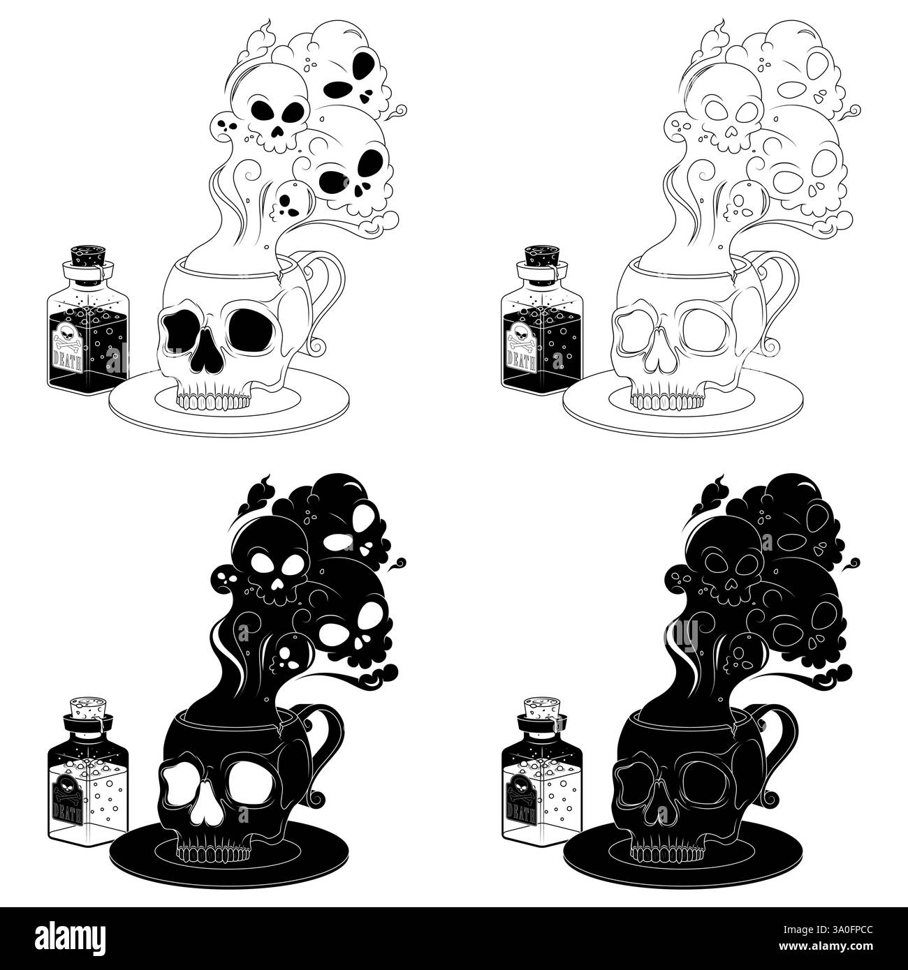 Tazza di tè avvelenato con forma di cranio umano, tazza di caffè a forma di cranio con fumo tossico di morte, tazza demoniaca per Halloween Illustrazione Vettoriale
