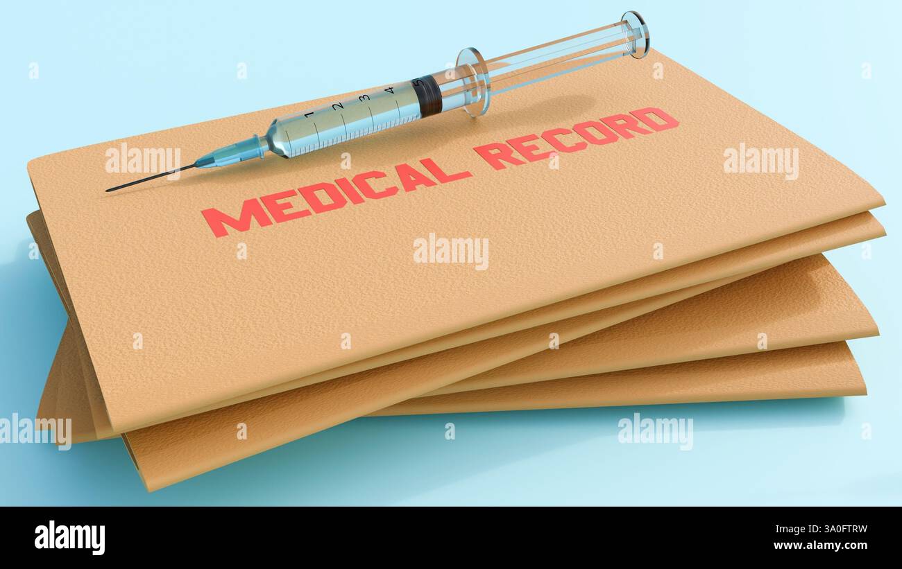 Rendering 3d della cartella clinica associata a siringa medica, rappresentazione della documentazione sanitaria e medica. Foto Stock