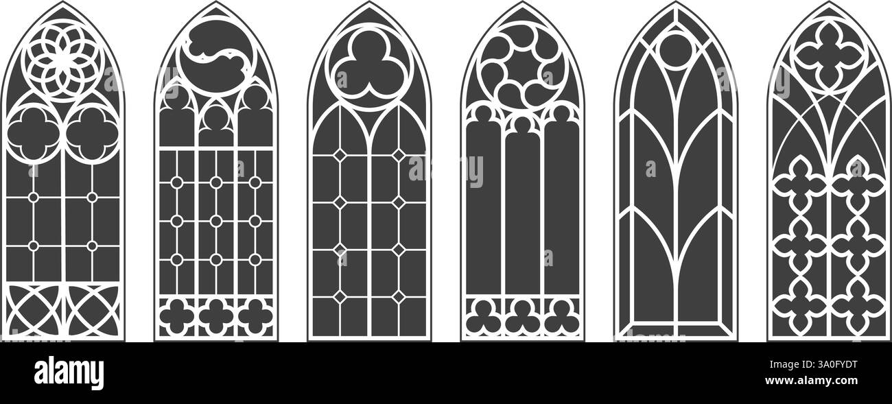 Finestre gotiche con motivi. Archi in vetro della chiesa. L'architettura medievale della cattedrale si inquadra su sfondo bianco. Interni colorati in stile cattolico Illustrazione Vettoriale