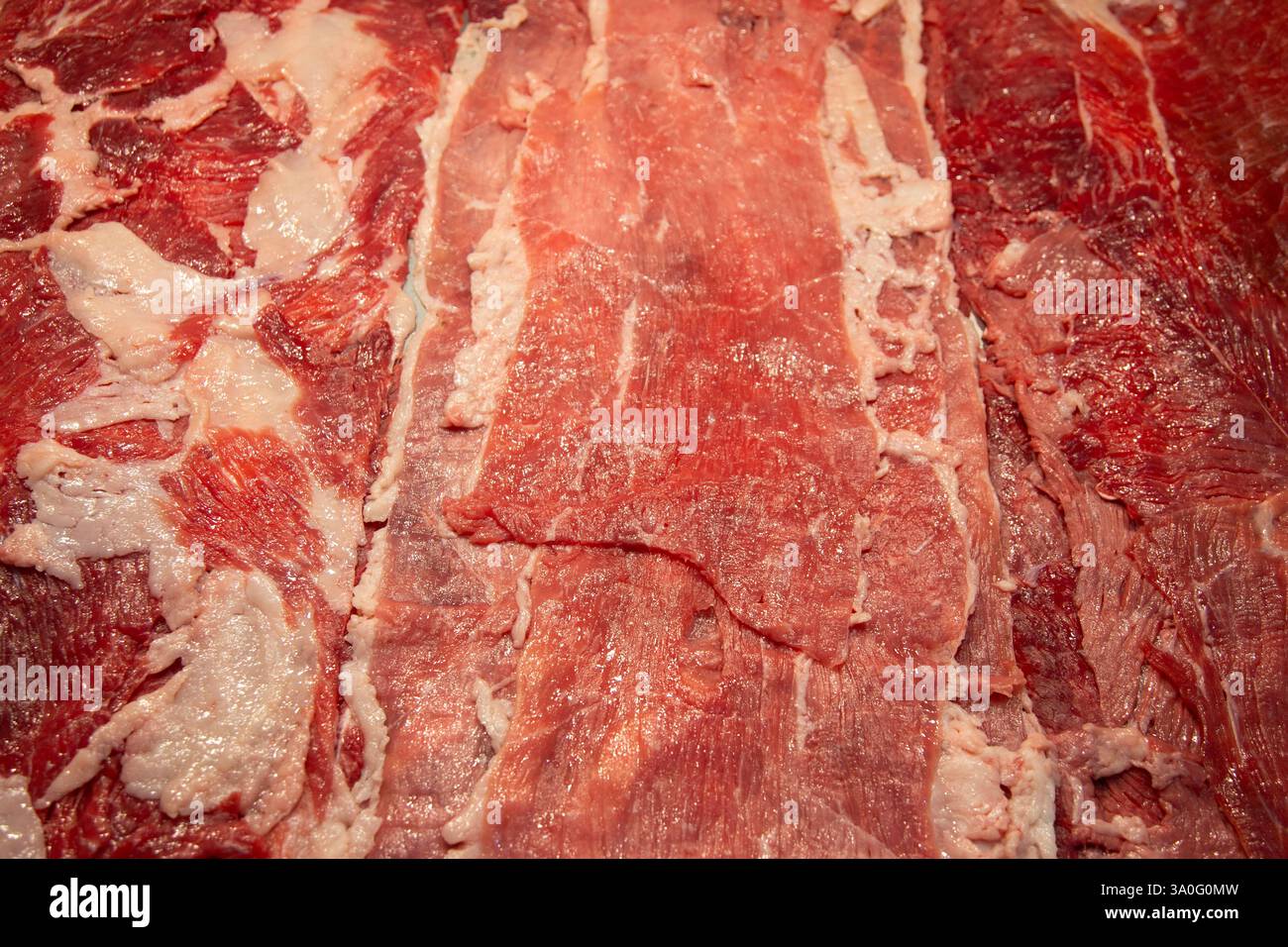 Carne di manzo strappata. Chiosco di carne nel mercato centrale della città di Oaxaca in Messico. Foto Stock