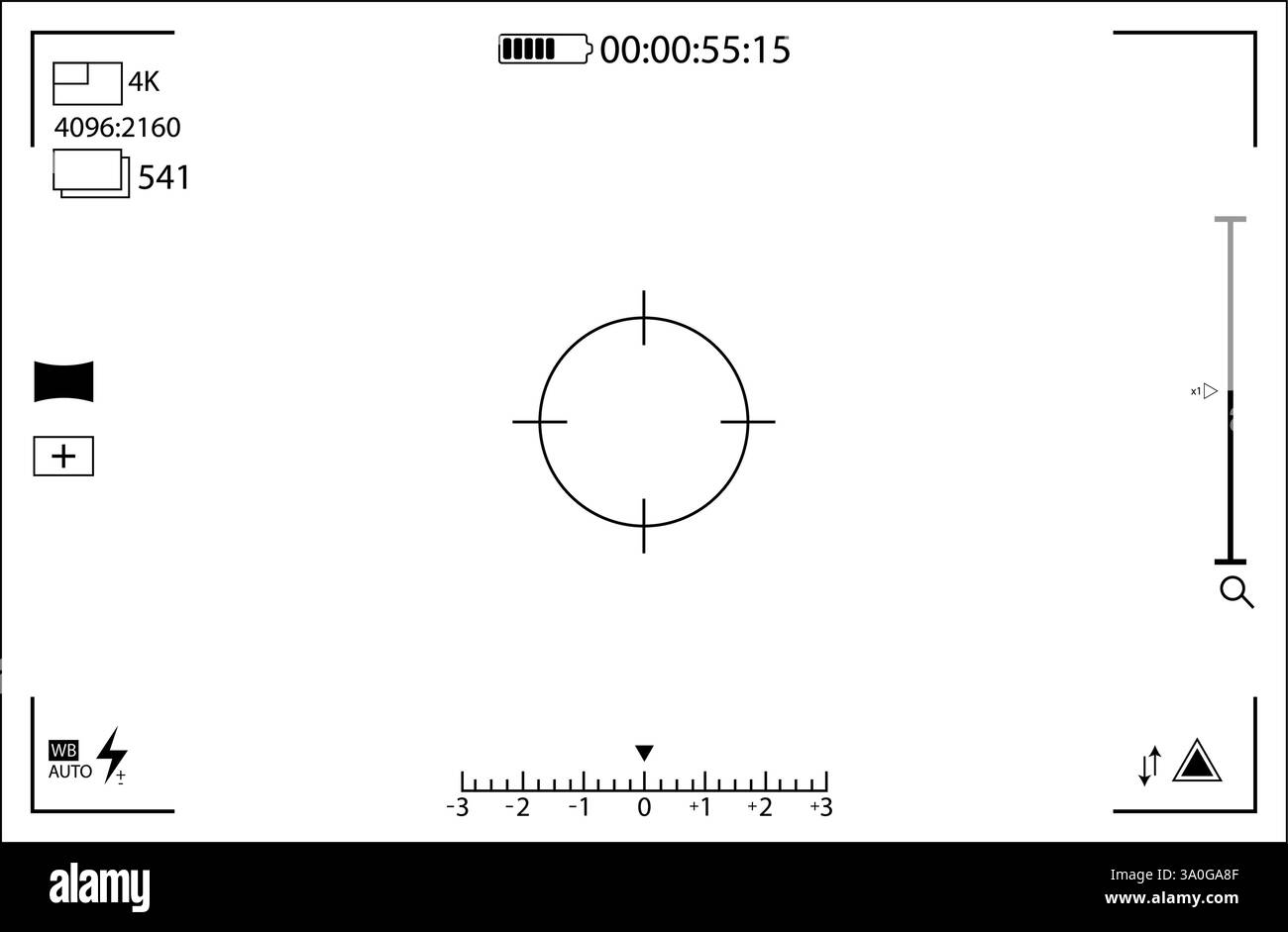 Mirino video o fotocamera con cornice, schermo otturatore, acquisizione mirino, apertura del flash, attrezzatura per l'editing di fotografie, foto e videocamera, cinem Illustrazione Vettoriale