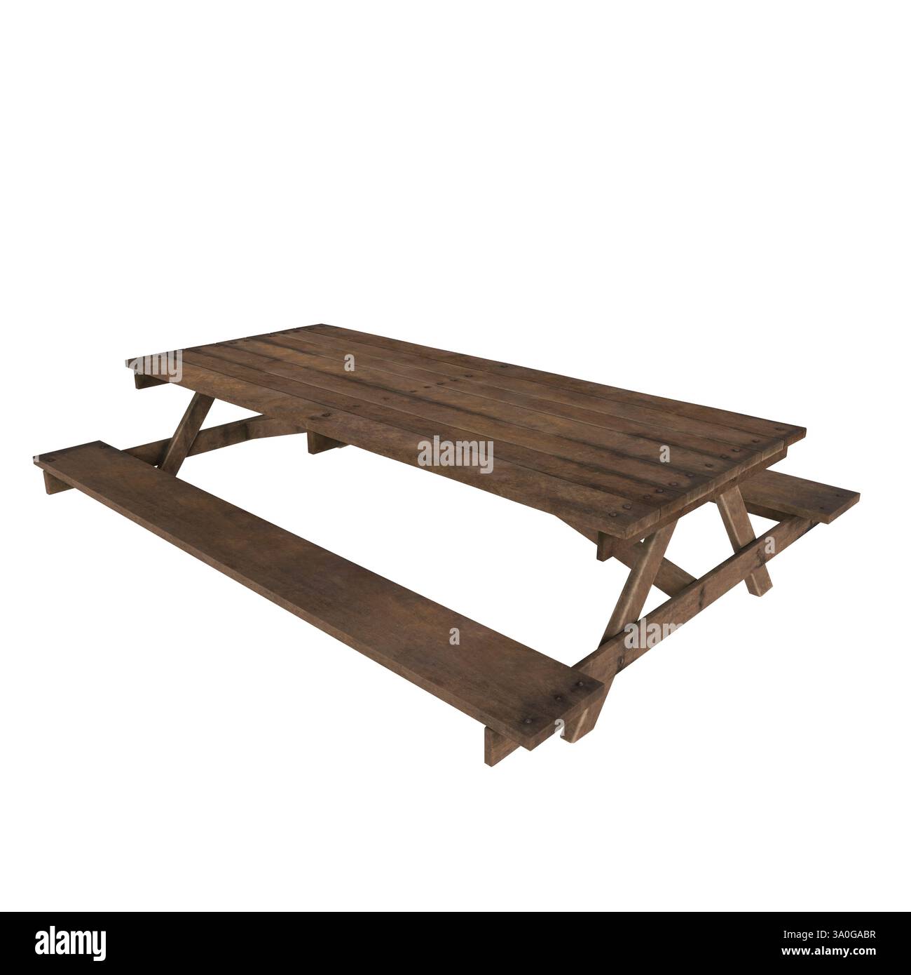 Un tavolo da picnic rustico viene mostrato in un rendering 3D. Il design presenta una robusta struttura in legno, perfetta per riunioni all'aperto o picnic in famiglia, hig Foto Stock