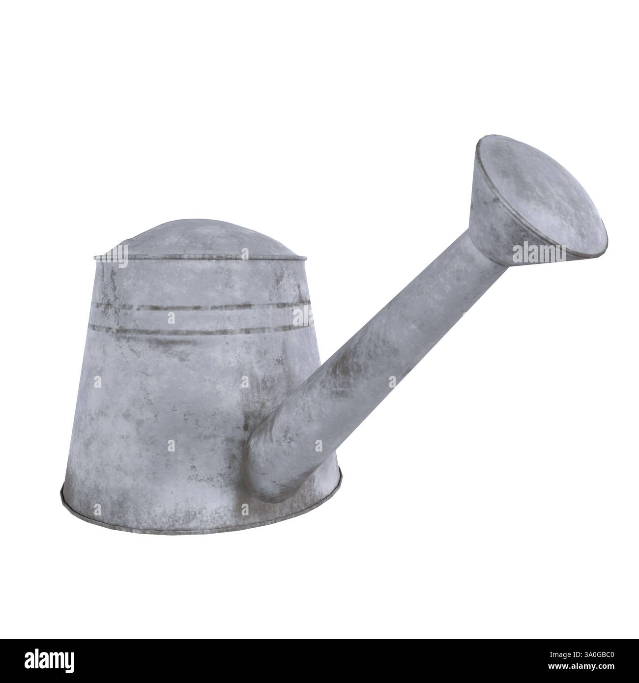 Rendering 3D dettagliato di una lattina per innaffiare in metallo grigio con un design vintage. La bomboletta presenta una parte superiore arrotondata e un beccuccio lungo, ideale per giardinaggio e p Foto Stock