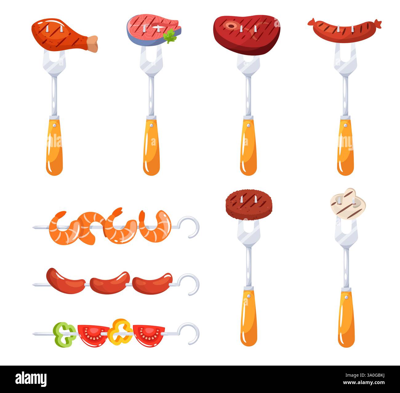 Preparare le forchette con cibi alla griglia. Salsiccia alla griglia, carne e pesce, gamberi e verdure. cucina barbecue. Rifornimenti da macellaio. Pollo e manzo. Vettore Illustrazione Vettoriale