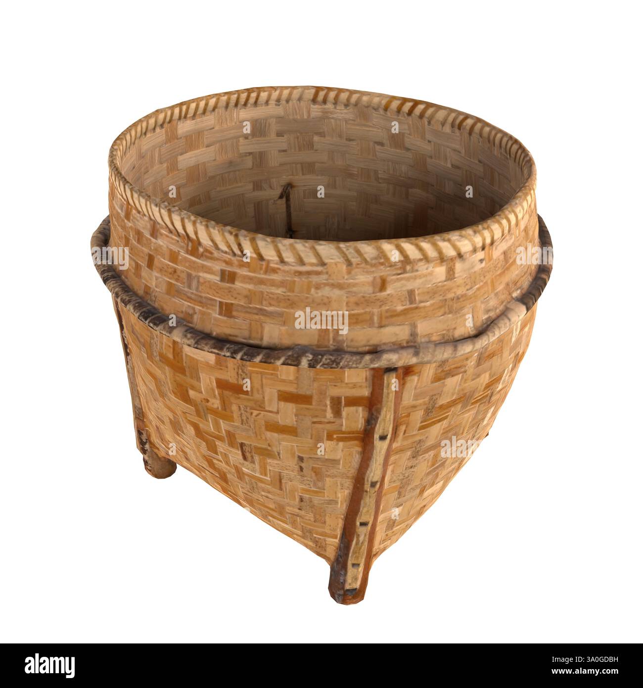 Questo cestino decorativo in vimini è caratterizzato da una lavorazione artigianale dettagliata, con una forma circolare, una trama intrecciata e una struttura robusta, ideale per varie applicazioni Foto Stock