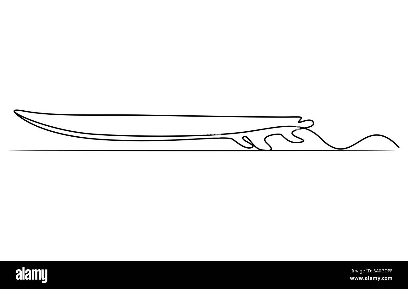 Tavola da surf con disegno su una sola linea, surfista in piedi sulla spiaggia con tavola da surf, Illustrazione Vettoriale