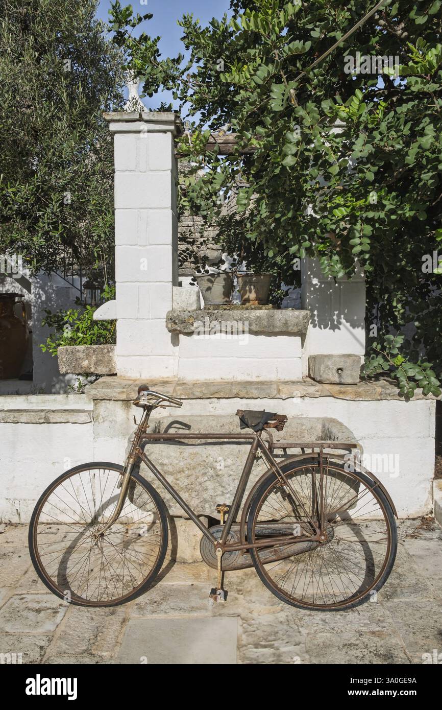 Un'antica bicicletta si appoggia su una fontana di pietra circondata da piante verdi Foto Stock