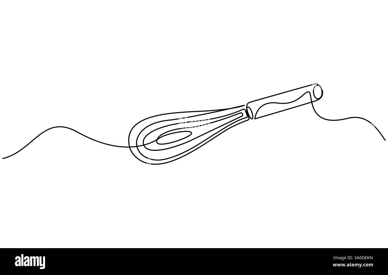 Disegno continuo della frusta per palloncino. Una linea di frusta per palloncini per utensili da cucina. Frusta Continuous Line Art, frusta da cucina, disegno continuo su una linea. Illustrazione Vettoriale